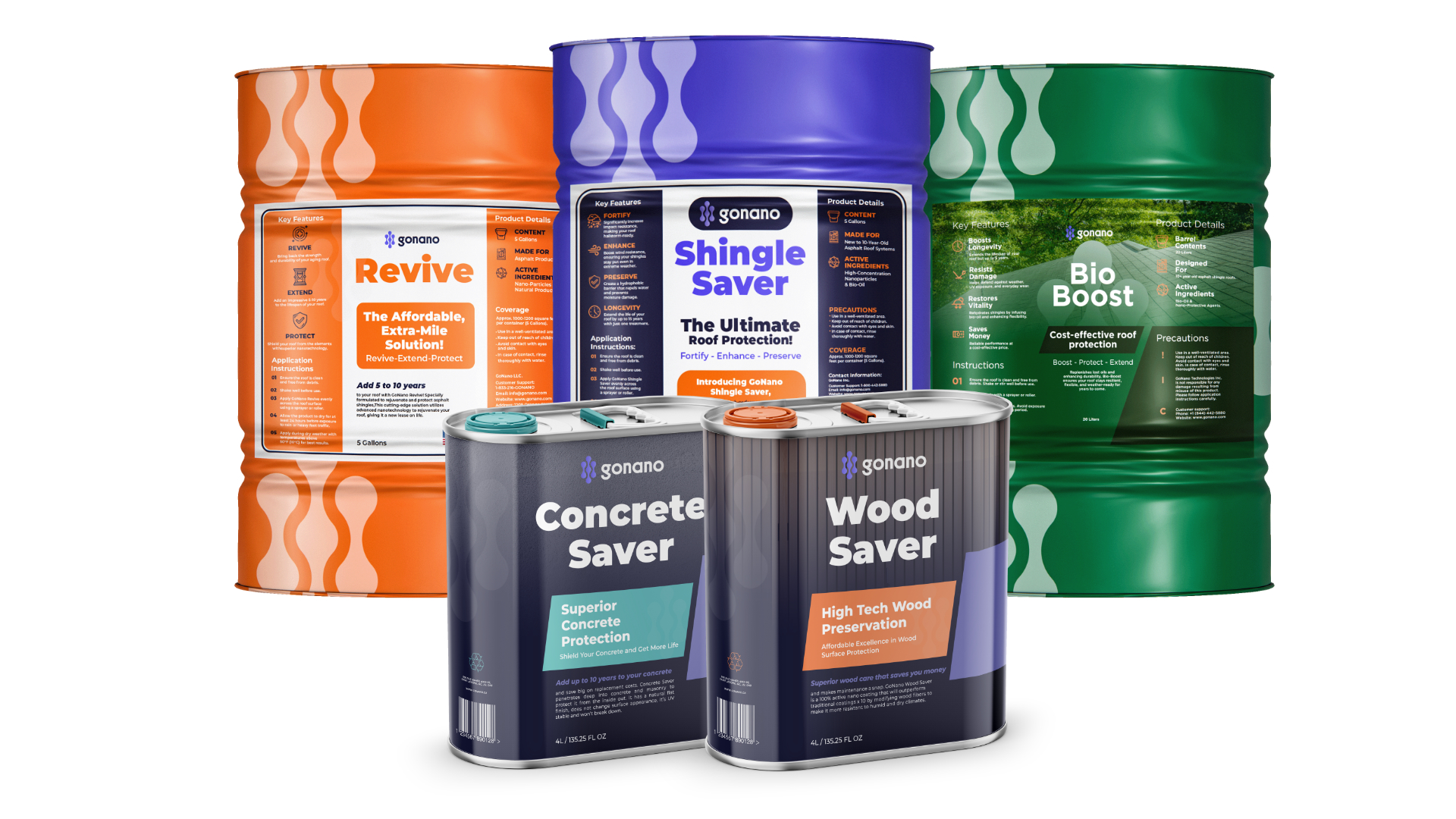 Complete GoNano Product Lineup - Revive, Shingle Saver, Bio Boost, Concrete Saver, and Wood Saver