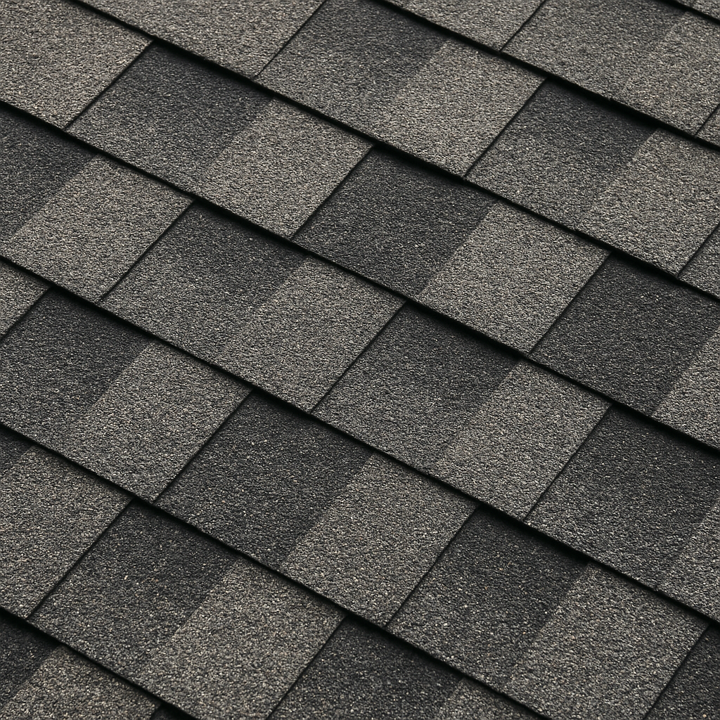 Asphalt roof shingles showing granular texture and overlapping pattern