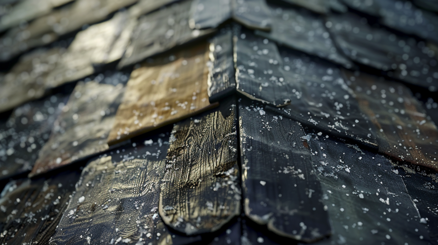 Weathered roof shingles with water droplets